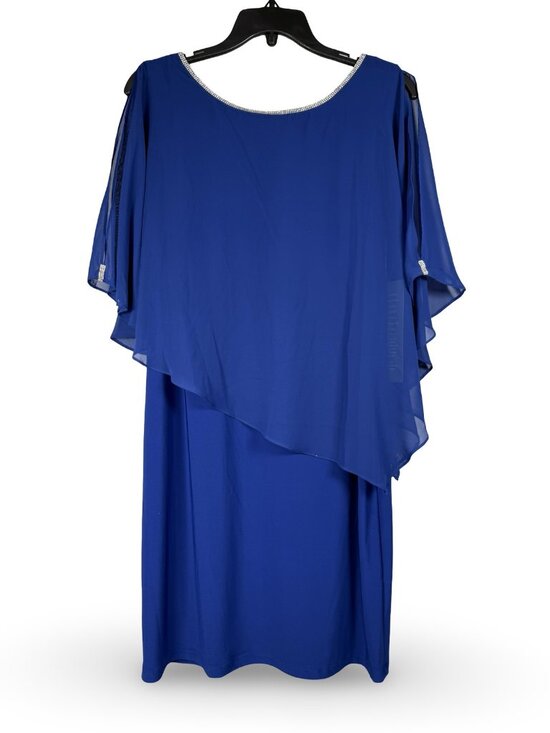 MSK Chiffon Sheath Rhinestone Trim Dress Womens M Royal Blue Asymmetric Cape - Picture 3 of 12